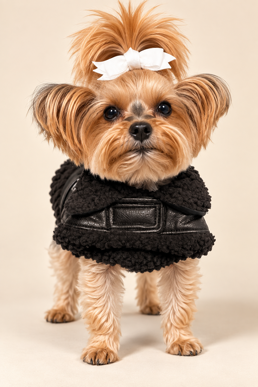 Front view of a Yorkie with a white bow wearing the black faux leather Midnight Aviator coat with faux sherpa collar
