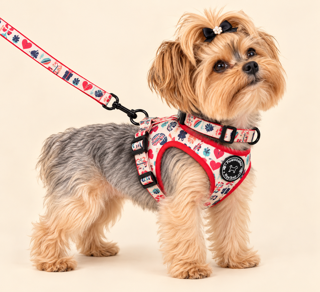 Yorkshire Terrier in the red and white Christmas print harness, side view