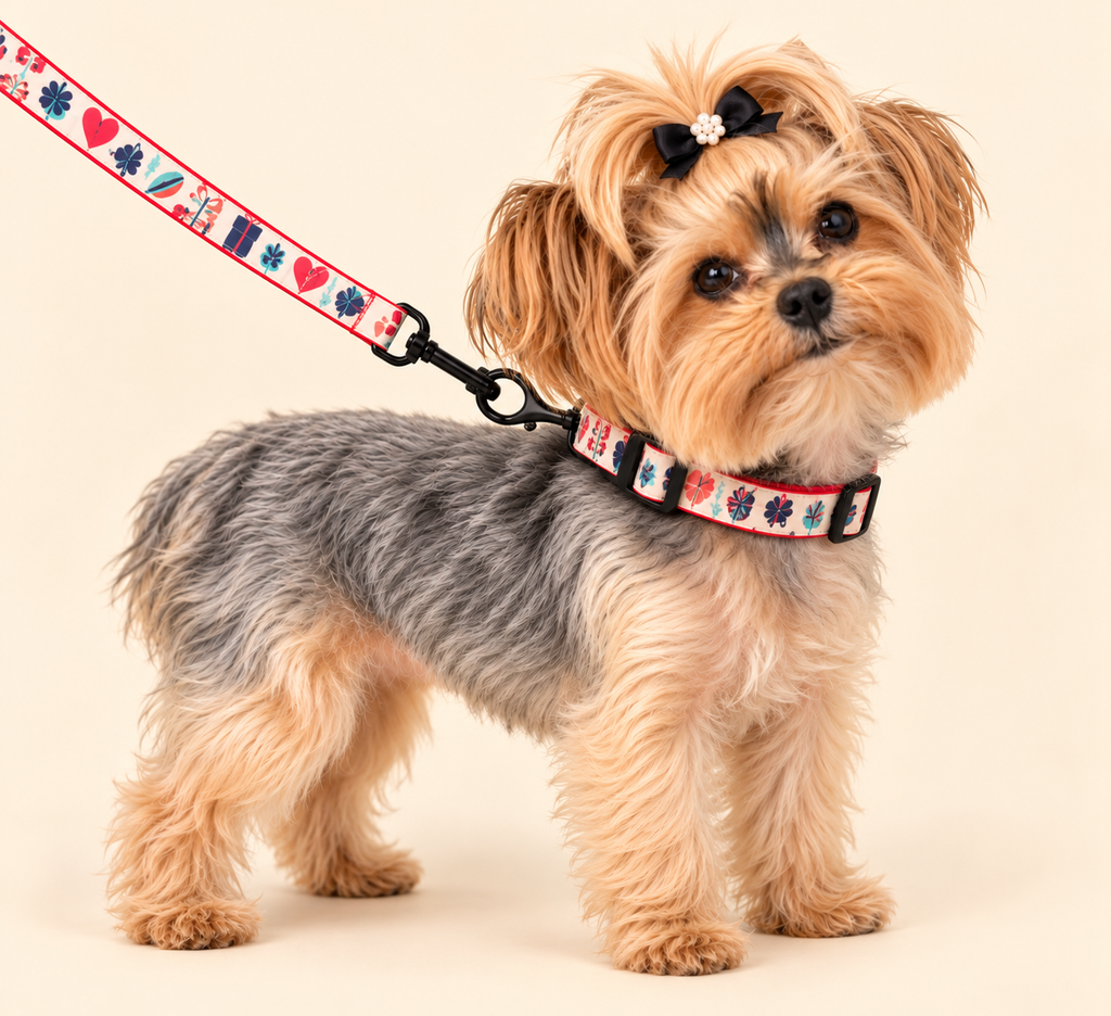 Yorkshire Terrier wearing the festive Christmas collar and leash