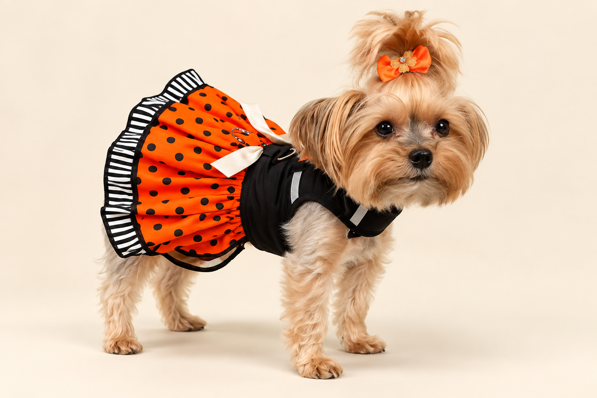 A small tan dog wearing a black harness-style pet dress with an orange skirt patterned with black polka dots and a black-and-white striped ruffle, plus an orange bow in its hair, photographed on a plain beige studio background.