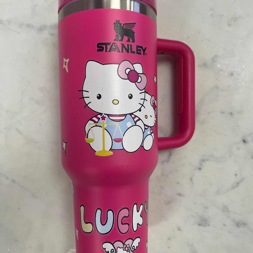 Pink kawaii kitty 40oz tumbler with handle on white background