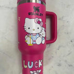 Pink kawaii kitty 40oz tumbler with handle on white background