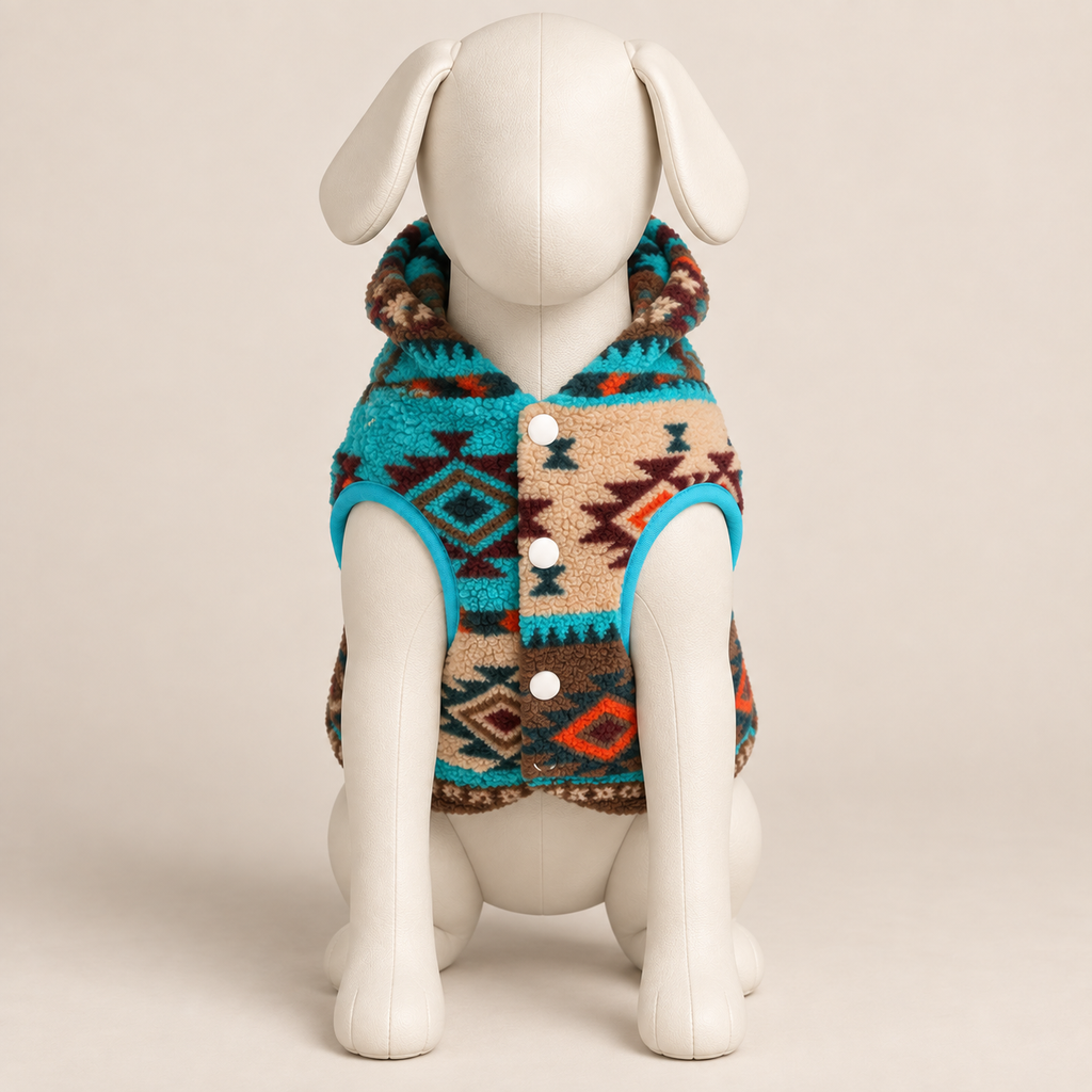 Front view of turquoise and brown Aztec fleece dog hoodie on a canine mannequin