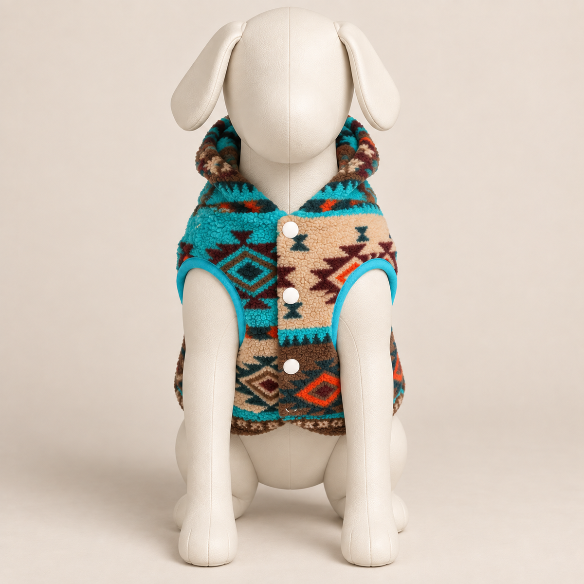 Front view of turquoise and brown Aztec fleece dog hoodie on a canine mannequin