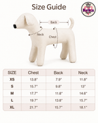 Aztec Dog Hoodie Keka size guide with chest, back and neck measurements for XS through XL
