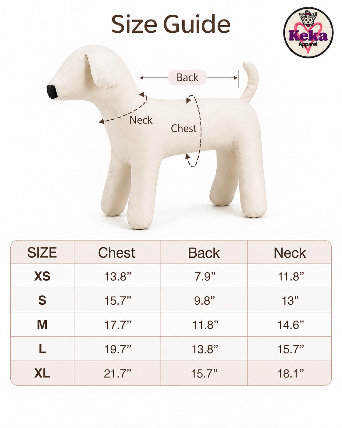 Aztec Dog Hoodie Keka size guide with chest, back and neck measurements for XS through XL