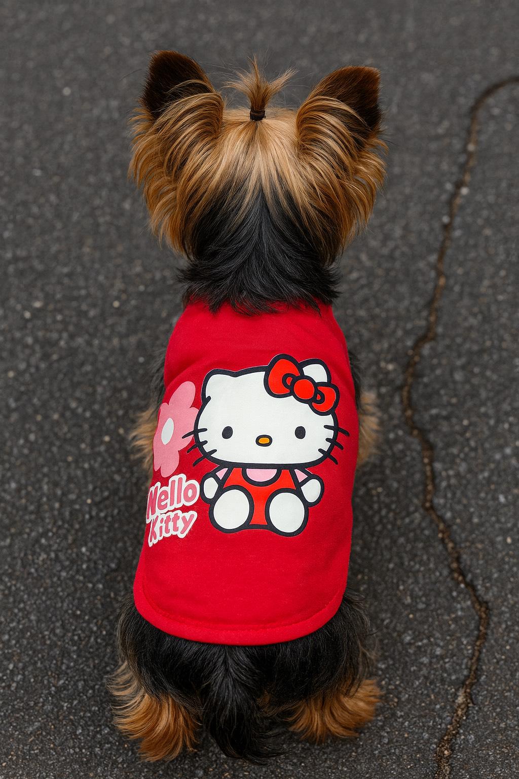 Dog wearing a red 'Hello Kitty' shirt on a dark asphalt surface
