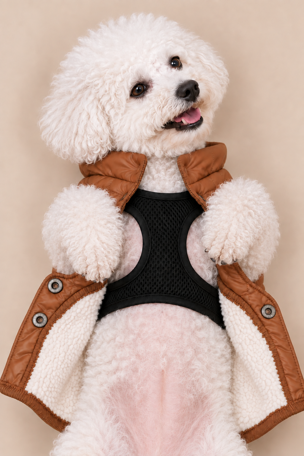 Bichon showing Brown Quilted Dog Jacket open over a harness