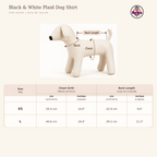 Size guide graphic for a black and white plaid dog shirt, showing a small dog-shaped mannequin with labeled chest and back measurements and a measurement table for sizes XS and L.