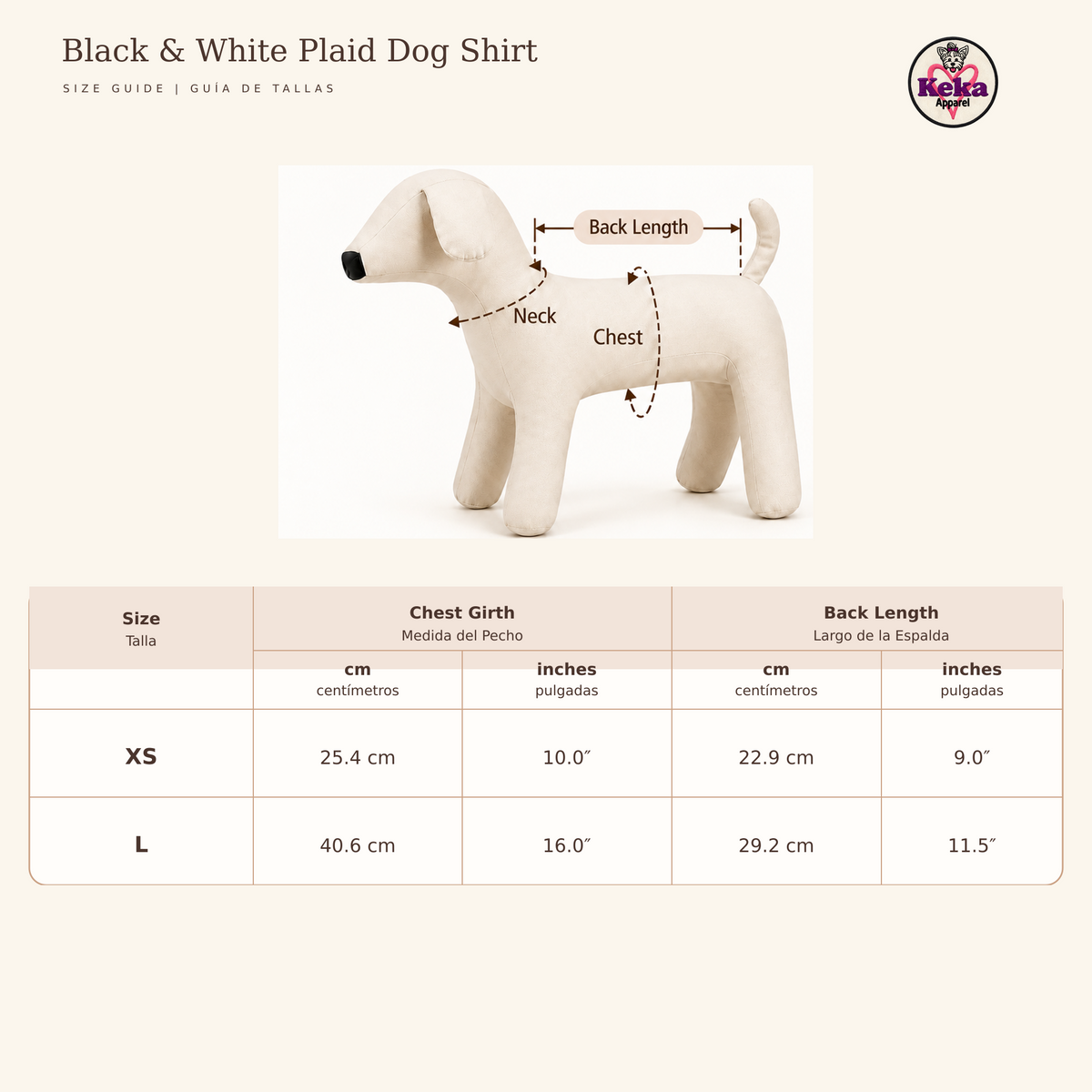 Size guide graphic for a black and white plaid dog shirt, showing a small dog-shaped mannequin with labeled chest and back measurements and a measurement table for sizes XS and L.