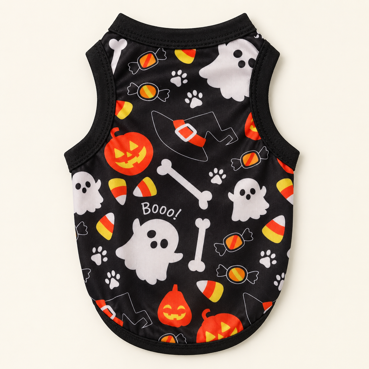 Back view of the Boo Crew Halloween dog shirt with ghosts pumpkins and candy print