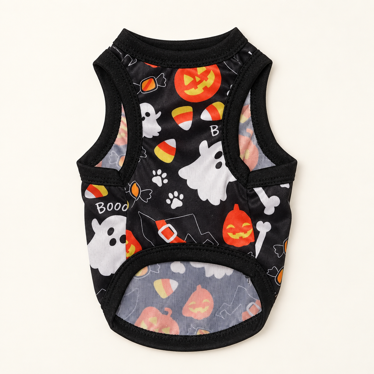 Front underside view of the Boo Crew Halloween dog shirt showing the sleeveless cut