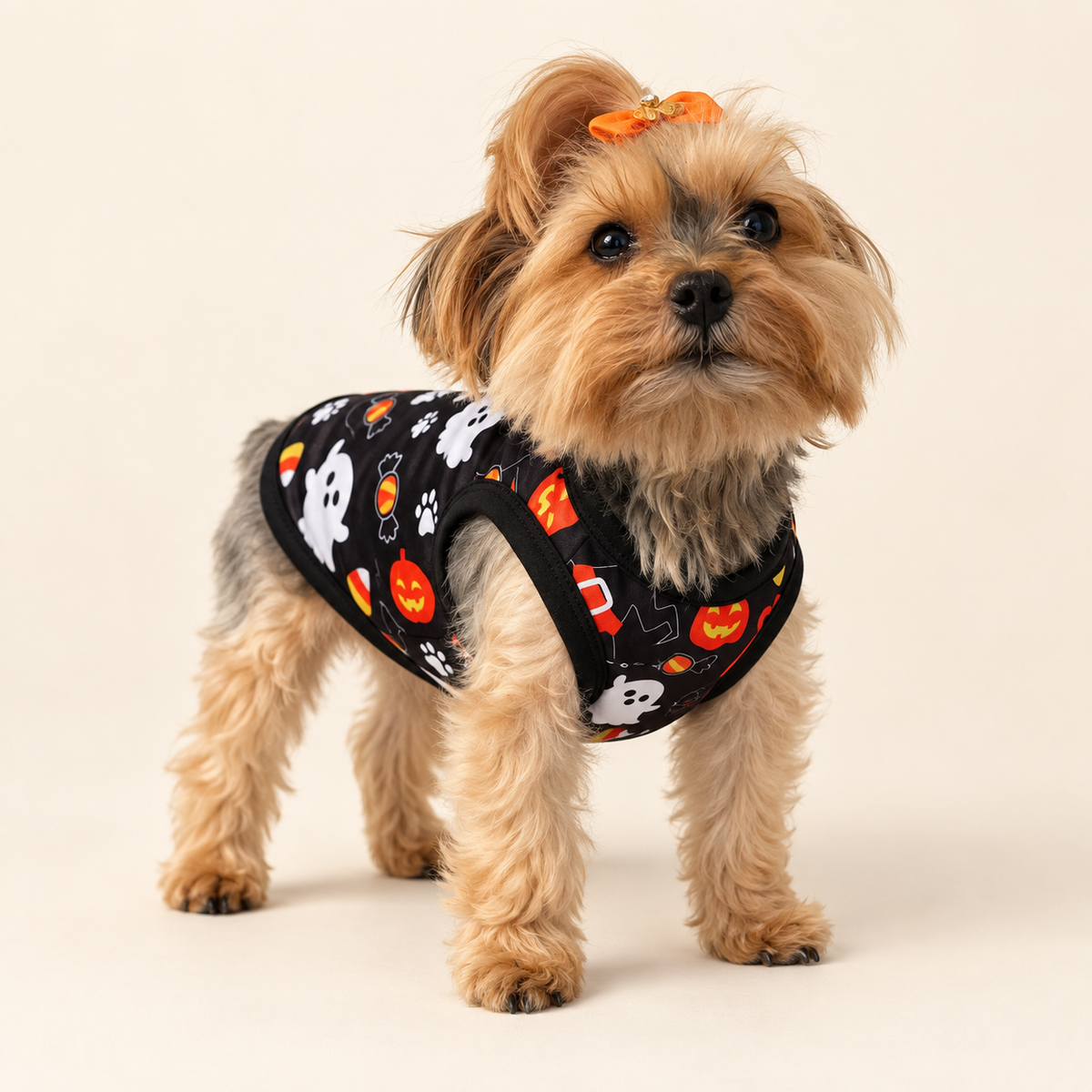 Keka wearing the Boo Crew Halloween dog shirt in a front studio view