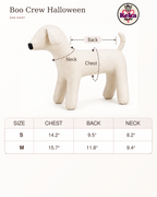 Size guide for a dog-shaped Halloween dog shirt by Keka Apparel, showing a cream-colored dog mannequin with arrows marking chest, back, and neck measurements, plus a size table for S and M sizes.
