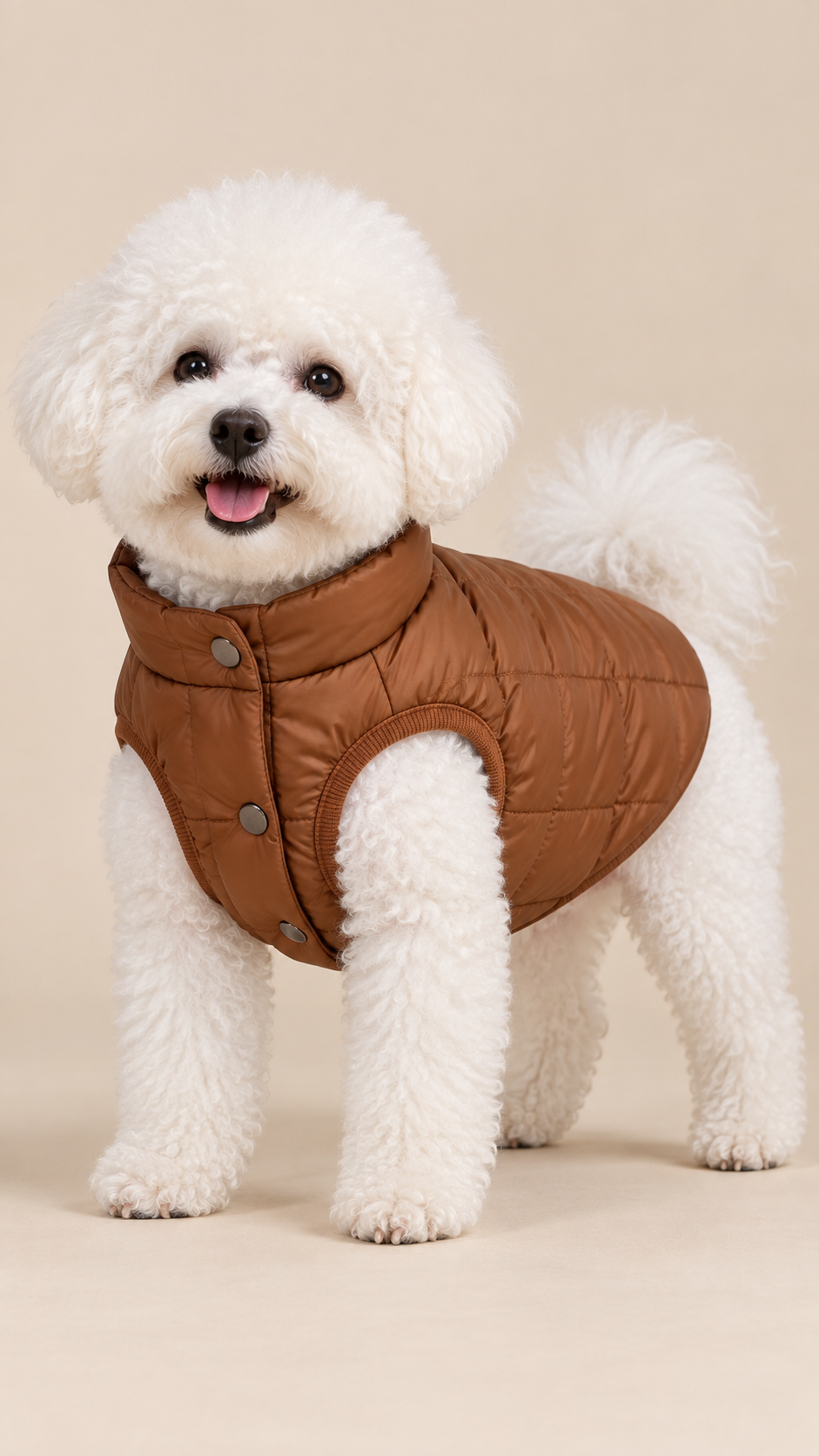 White Bichon wearing the brown quilted sherpa-lined dog jacket, front three-quarter view