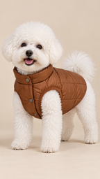 White Bichon wearing the brown quilted sherpa-lined dog jacket, front three-quarter view