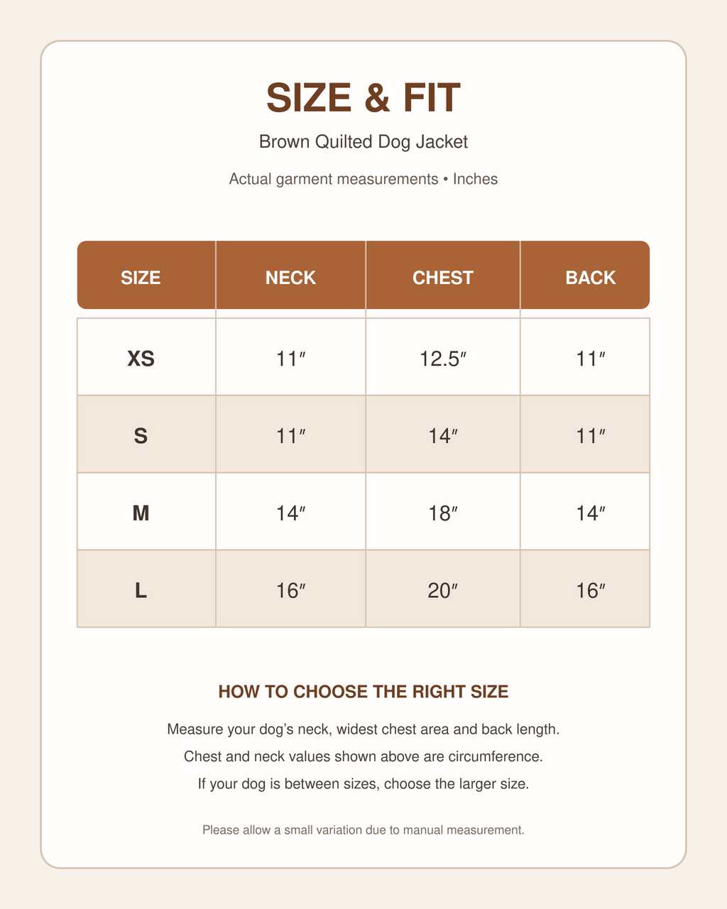 Brown quilted dog jacket size chart in inches for sizes XS to L