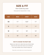 Brown quilted dog jacket size chart in inches for sizes XS to L