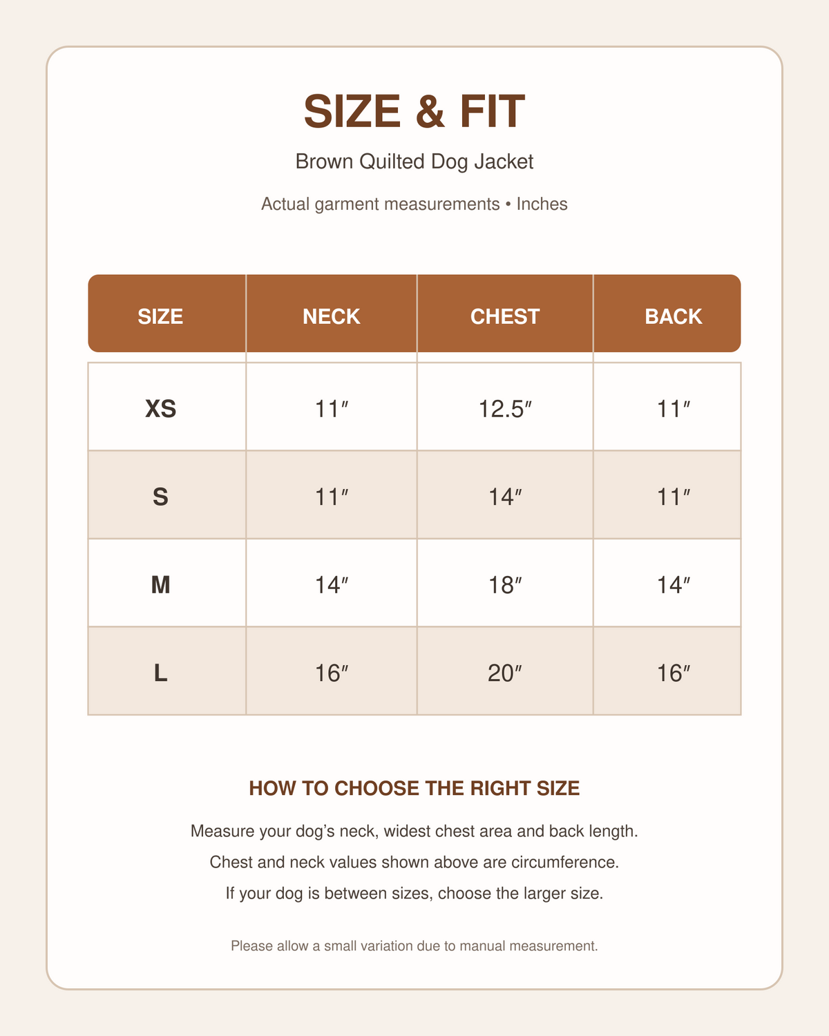 Brown quilted dog jacket size chart in inches for sizes XS to L