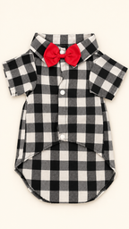 Buffalo check dog shirt front view with red bow tie on cream background