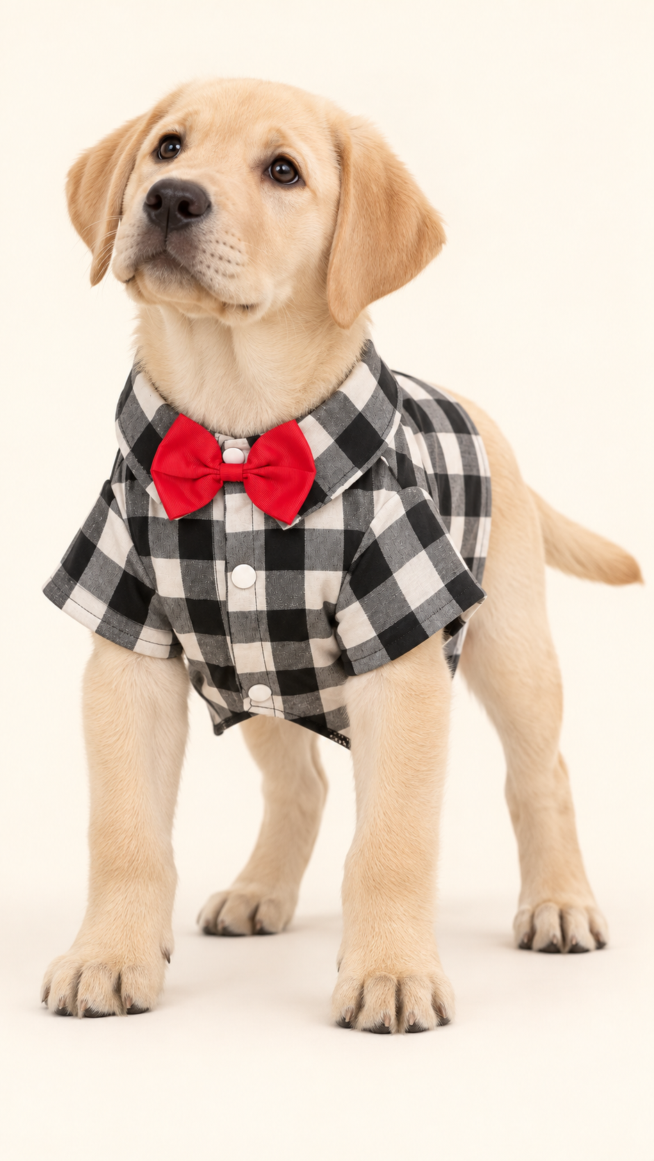 Yellow Labrador puppy wearing black and white buffalo check dog shirt with red bow tie, front view