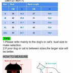 Elegant Dog Tuxedo Suit size chart showing chest and back length measurements for different dog sizes.