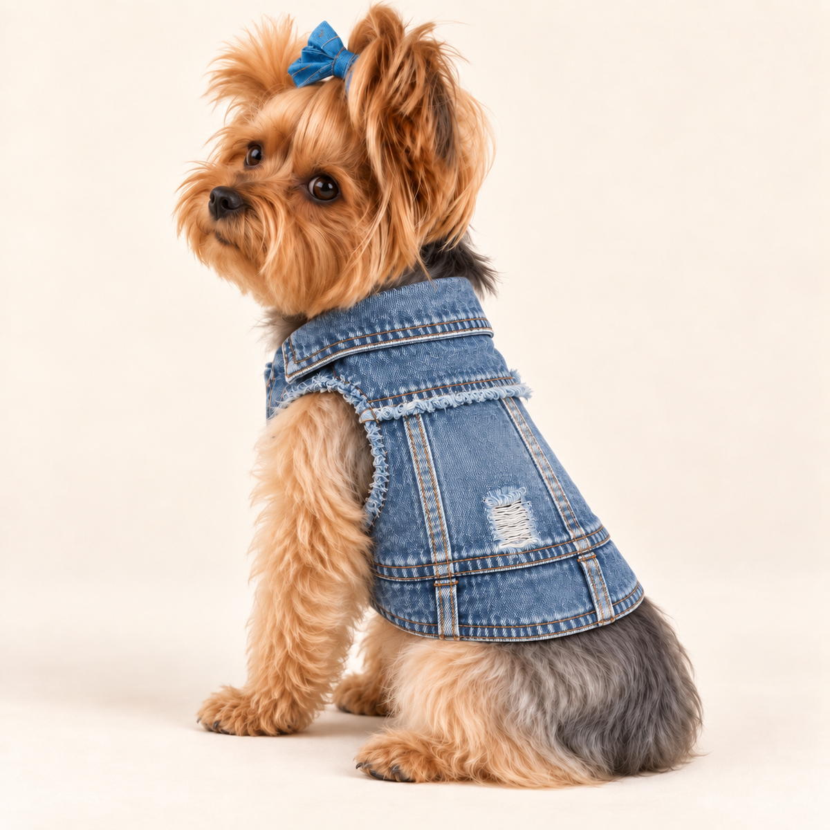 Keka seated wearing the Classic Denim Dog Vest
