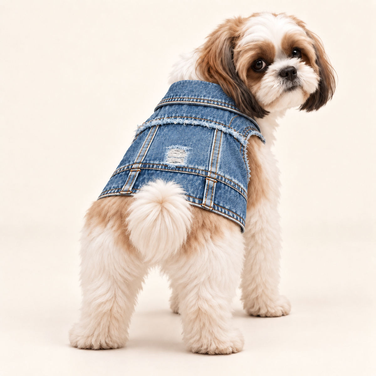 White and brown Shih Tzu standing on four paws wearing the Classic Denim Dog Vest
