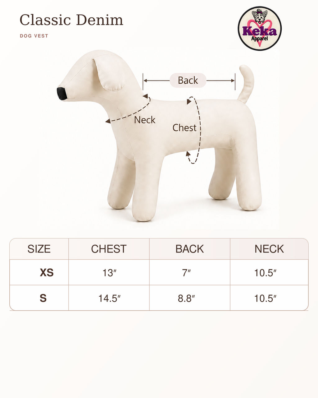 A sizing diagram for a Keka Apple dog vest on a cream-colored dog-shaped mannequin. The image shows labeled measurements for chest, back, and neck, plus a size table for XS and S sizes on a clean off-white background.