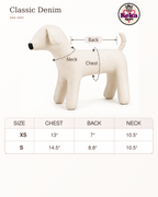 A sizing diagram for a Keka Apple dog vest on a cream-colored dog-shaped mannequin. The image shows labeled measurements for chest, back, and neck, plus a size table for XS and S sizes on a clean off-white background.