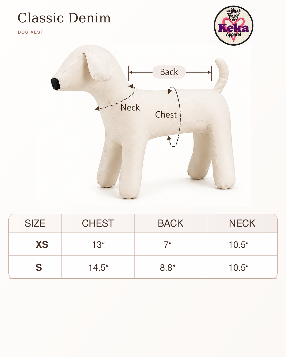 A sizing diagram for a Keka Apple dog vest on a cream-colored dog-shaped mannequin. The image shows labeled measurements for chest, back, and neck, plus a size table for XS and S sizes on a clean off-white background.