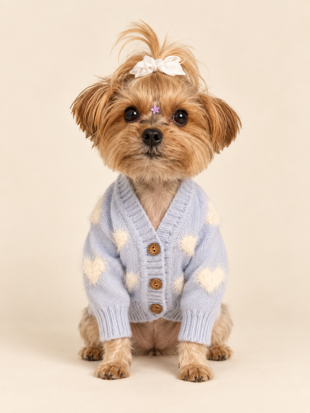 Keka seated wearing the Cloud Blue Dog Cardigan, front view with three wooden buttons