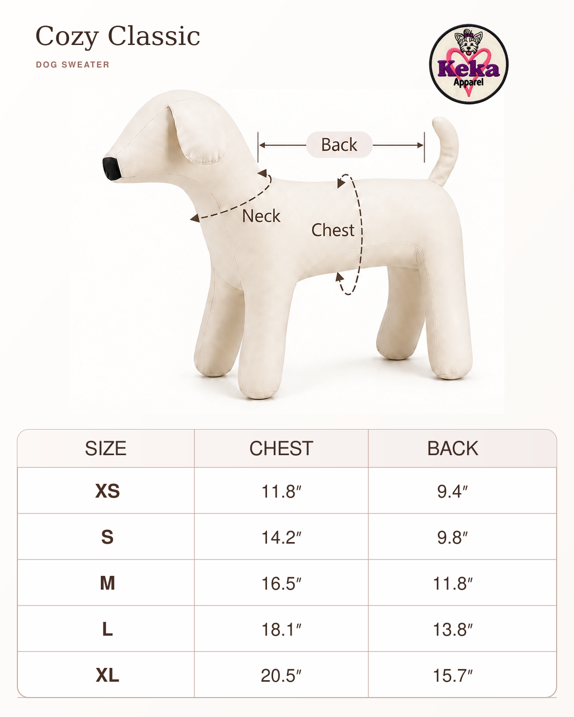 Size guide graphic for the Cozy Classic dog sweater by Keka Kawaii, showing a cream-colored plush dog figure with arrows labeling neck, chest, and back measurements, plus a size chart table below.