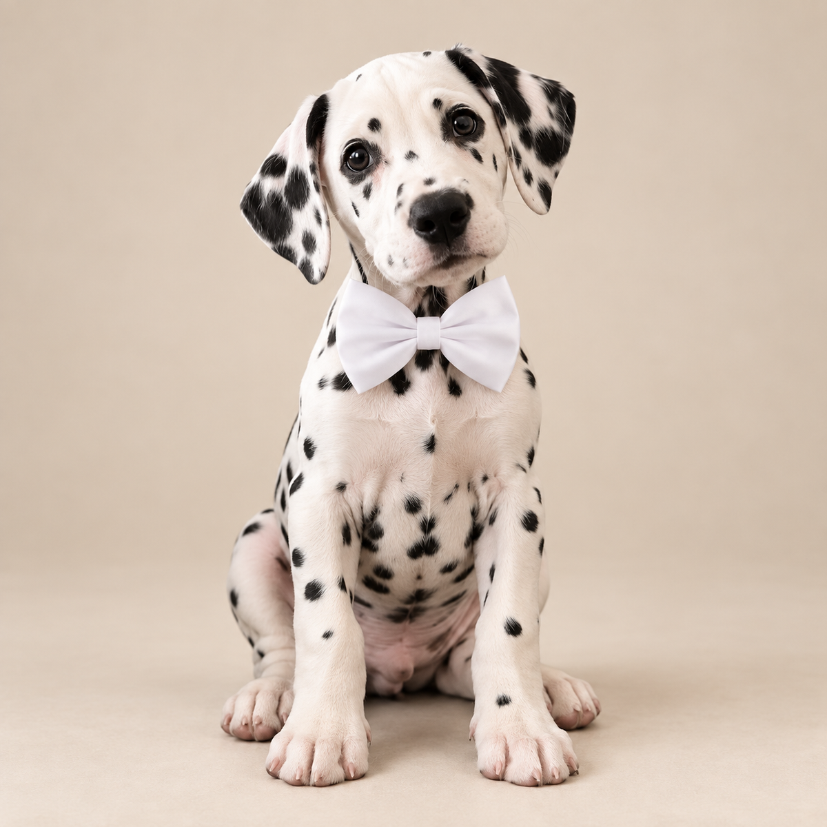 Dalmatian puppy wearing the white bow tie