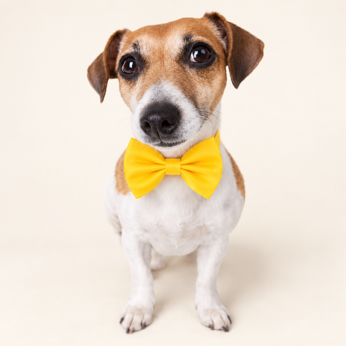 Small brown and white dog wearing the yellow bow tie