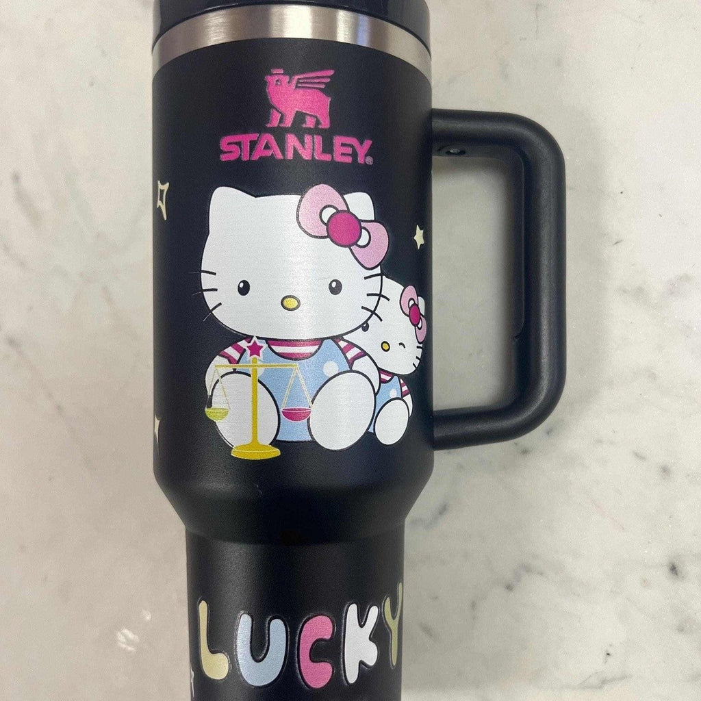 Black kawaii kitty 40oz tumbler with handle and cartoon art