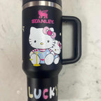 Black kawaii kitty 40oz tumbler with handle and cartoon art