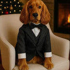Dog wearing elegant dog tuxedo suit with bow tie sitting on chair by fireplace and Christmas tree