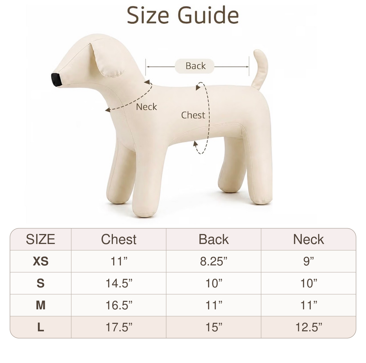 Elegant Black and White Dog Dress size guide, sizes XS through L, with chest, back and neck measurements in inches