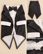 Black pinstripe dog tuxedo feature collage showing straight bow tie, white shirt, cuffs, coat tails and three snap closures