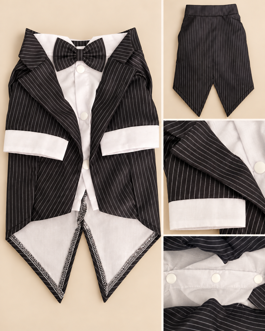 Black pinstripe dog tuxedo feature collage showing straight bow tie, white shirt, cuffs, coat tails and three snap closures