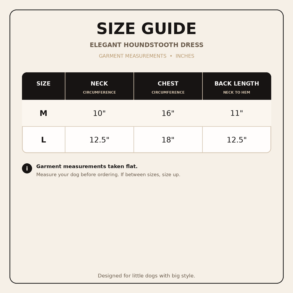 Elegant Houndstooth Dog Dress size guide in inches for sizes M and L