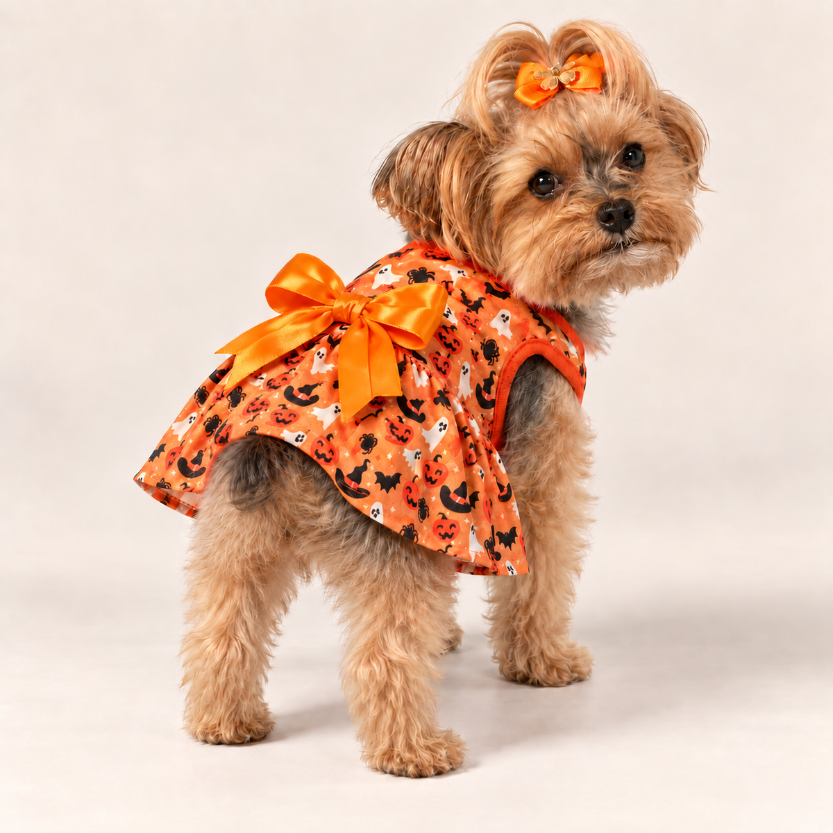 Keka wearing the Fab-Boo-Lous Halloween Harness Dress, rear three-quarter view