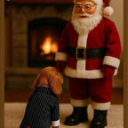 cocker spaniel wearing the elegant dog tuxedo suit with black tie seated in front of santa claus doll