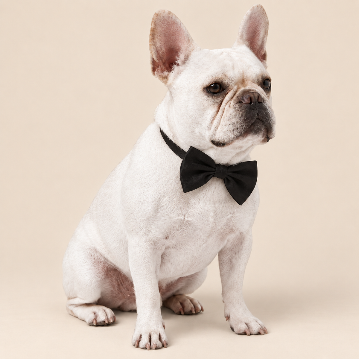 White French Bulldog wearing the black bow tie