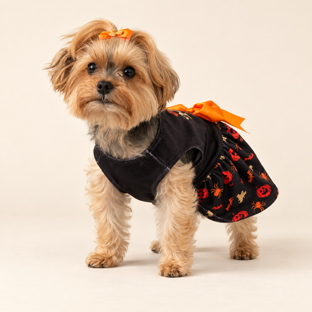 Keka wearing the Happy Halloween Bow dog dress in a front studio view