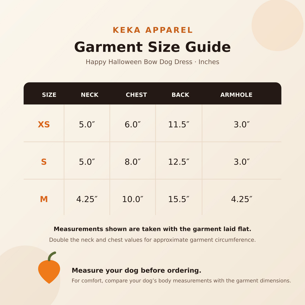 Complete garment size guide in inches for the Happy Halloween Bow dog dress in XS, S and M