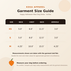 Complete garment size guide in inches for the Happy Halloween Bow dog dress in XS, S and M