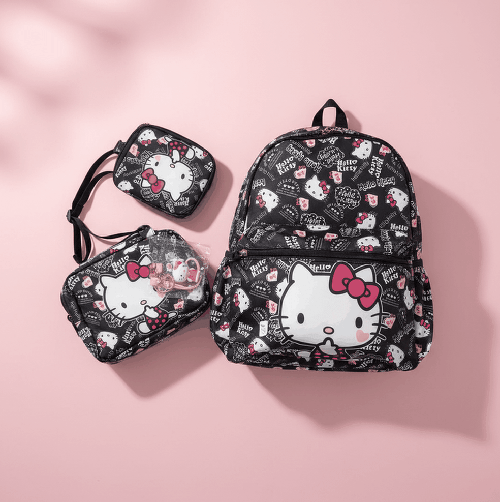 Official Sanrio Hello Kitty black backpack lunch bag and pencil case set with pink bow accents and kawaii pattern