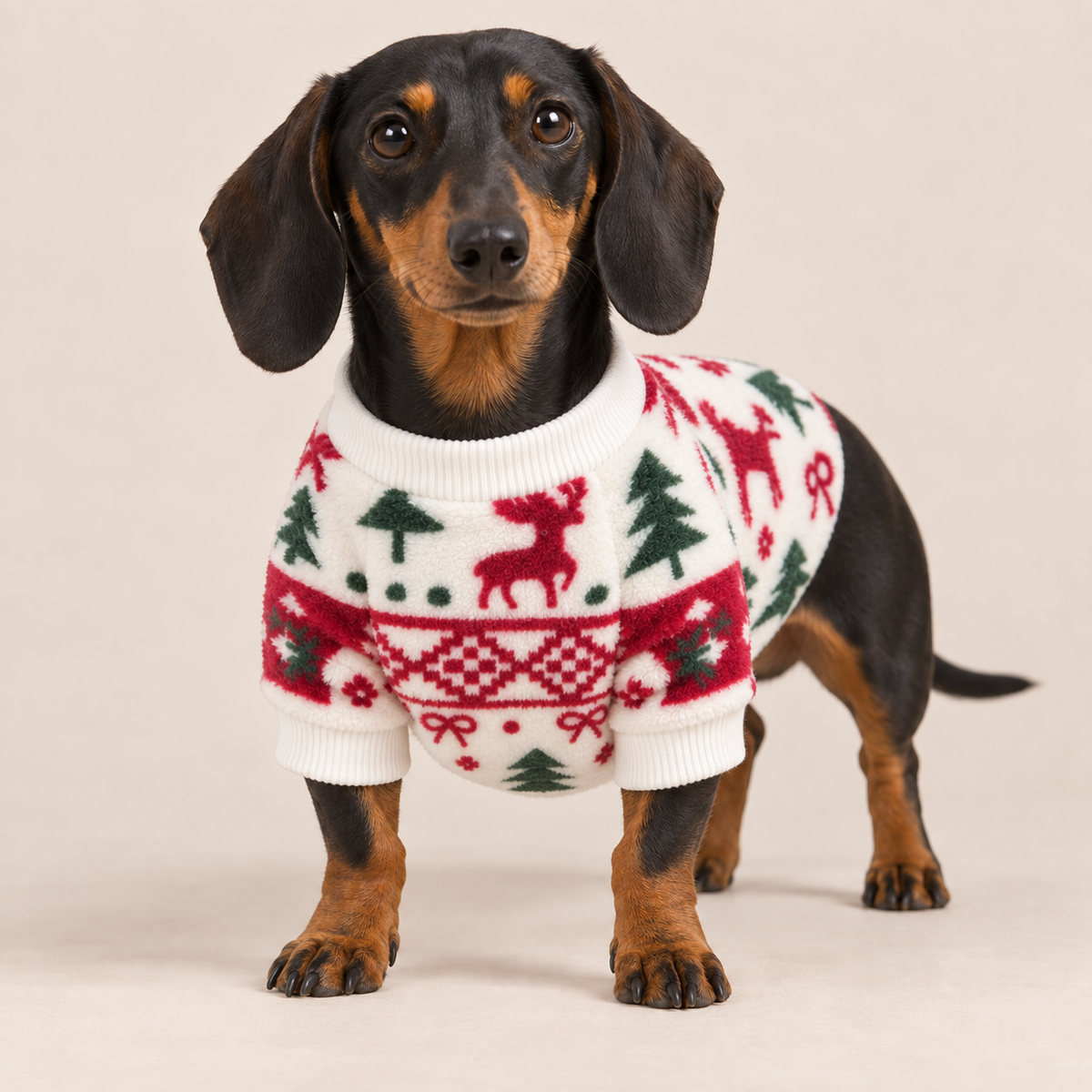 Black and tan Dachshund wearing cream Christmas fleece dog sweater, front view